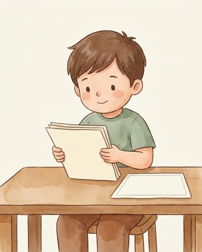 Watercolor illustration placeholder for myth 1: a kindergartner writing letters with varied consistency