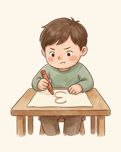 Watercolor illustration of a 4-year-old attempting to write a number with a chunky crayon, gentle and unpressured mood