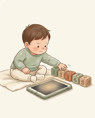 Watercolor illustration of a toddler reaching past a tablet toward tactile wooden counting blocks