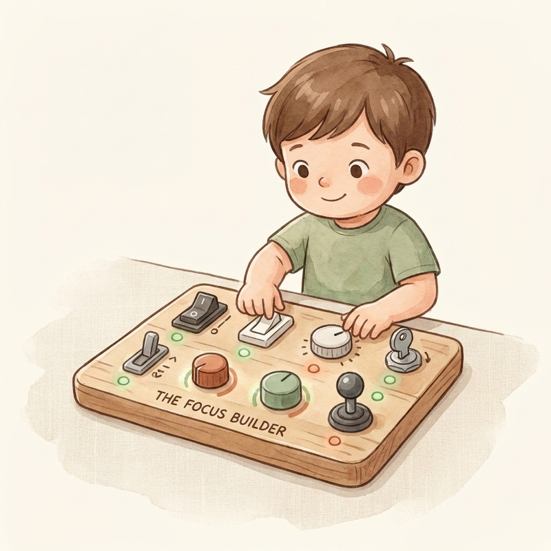 Watercolor illustration of The Focus Builder busy board with switches and LED feedback