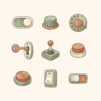 Watercolor illustration of eight distinct switch types on a busy board