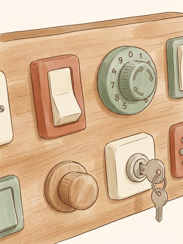 Watercolor illustration of a variety of switch types on a busy board