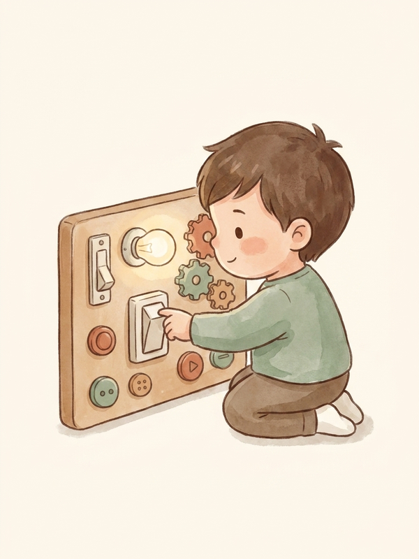 Watercolor illustration of LED feedback responding to a toddler's switch flip