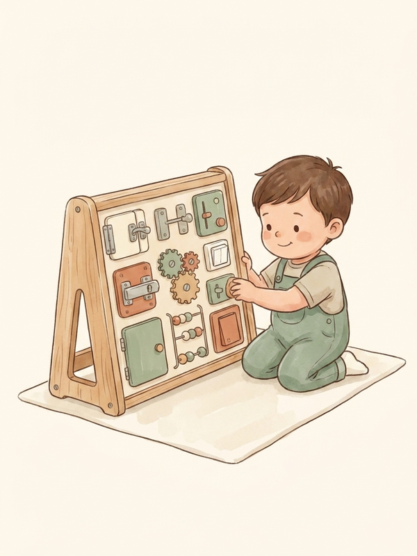 Watercolor illustration of a durable busy board built to survive years of toddler use