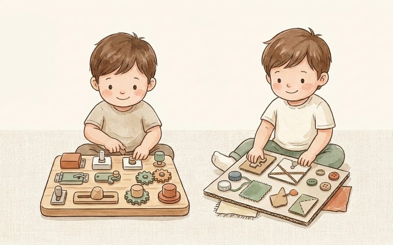 Watercolor illustration comparing a DIY busy board to a designed one