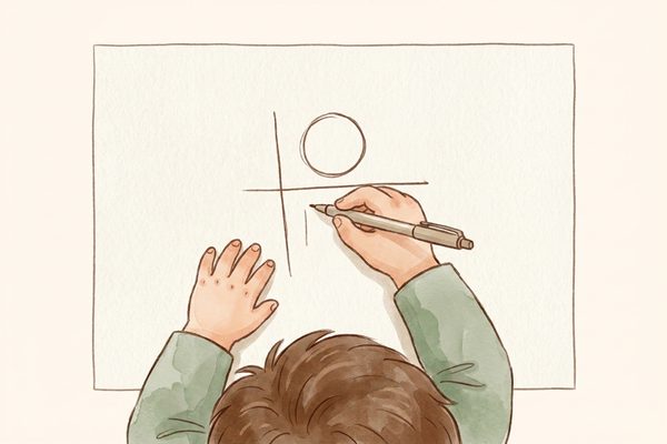 Watercolor illustration of a child practicing the four basic handwriting strokes
