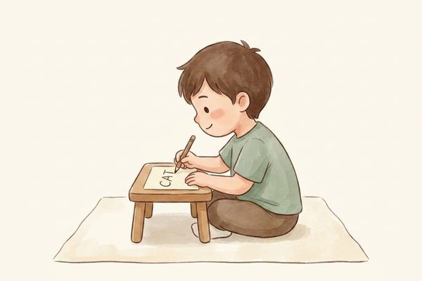 Watercolor illustration of a child combining letters into a three-letter word
