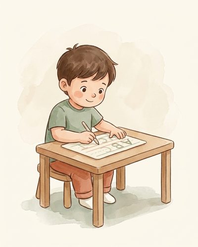 Watercolor illustration placeholder for myth 2: a stack of printable handwriting worksheets