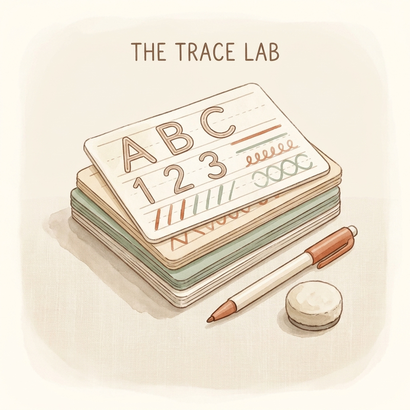 Watercolor illustration of The Trace Lab dry-erase letter cards arranged in a stack