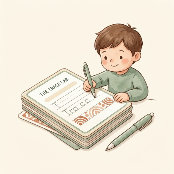 Watercolor illustration of The Trace Lab dry-erase letter system on a soft cream background