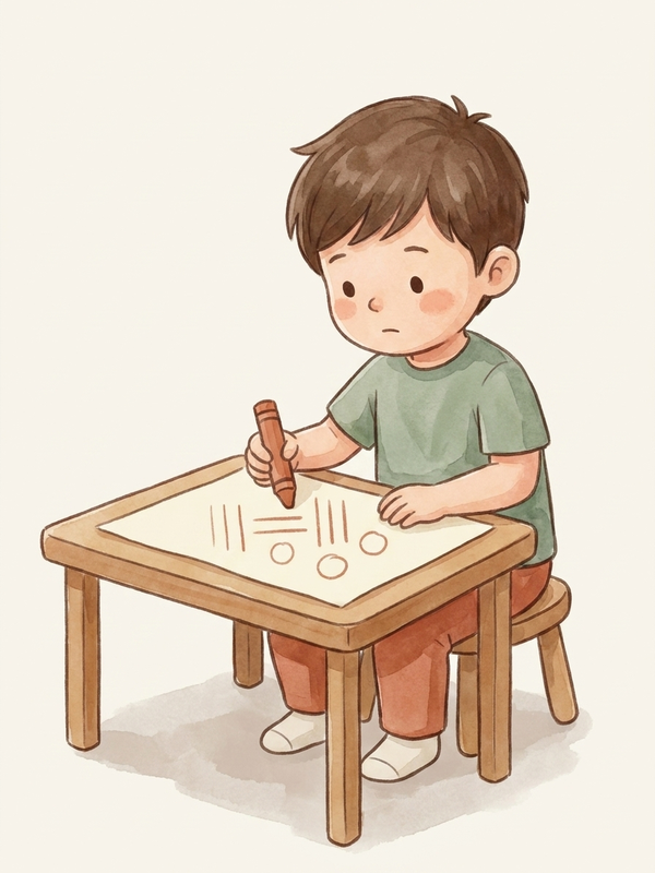 Watercolor illustration of a child practicing vertical lines, horizontal lines, and circles