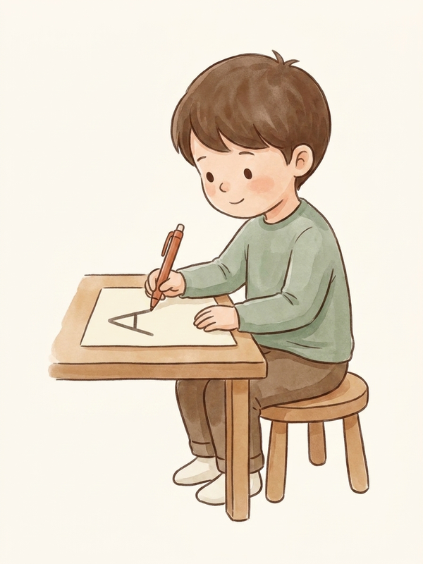 Watercolor illustration of a child forming uppercase capital letters
