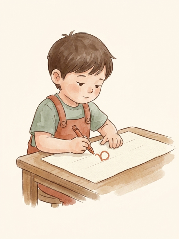 Watercolor illustration of a child forming lowercase letters with finer control