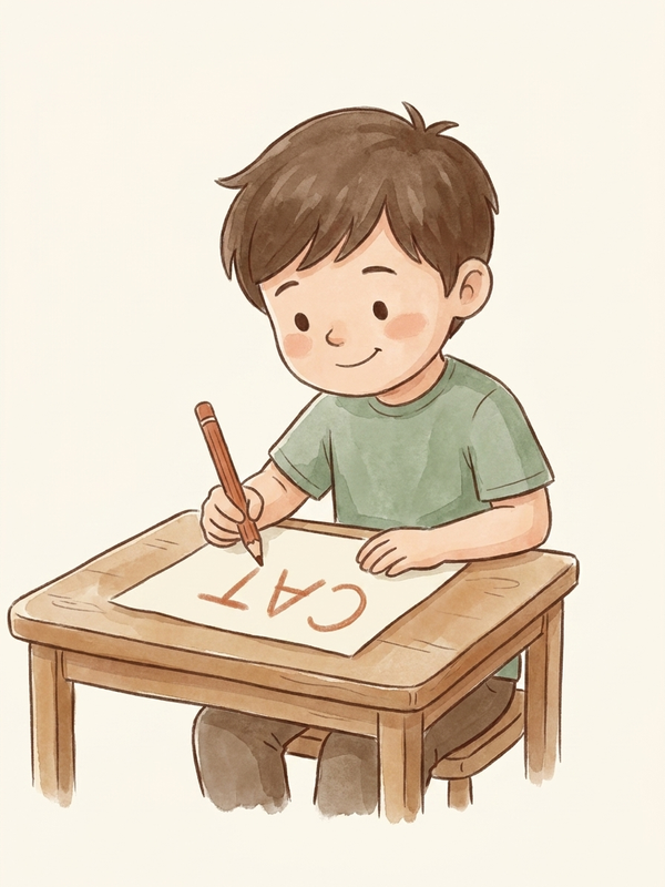 Watercolor illustration of a kindergartner combining letters into a short word