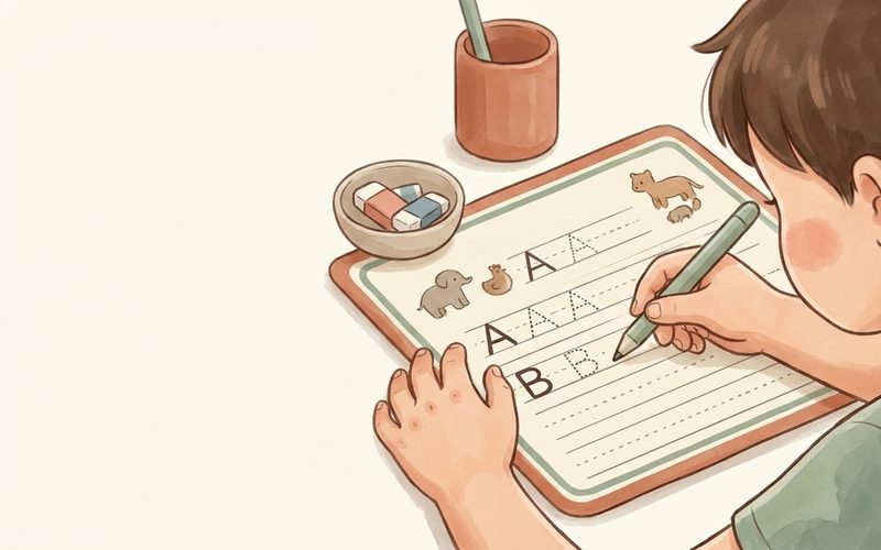 Watercolor illustration of a kindergartner concentrating on a letter formation card