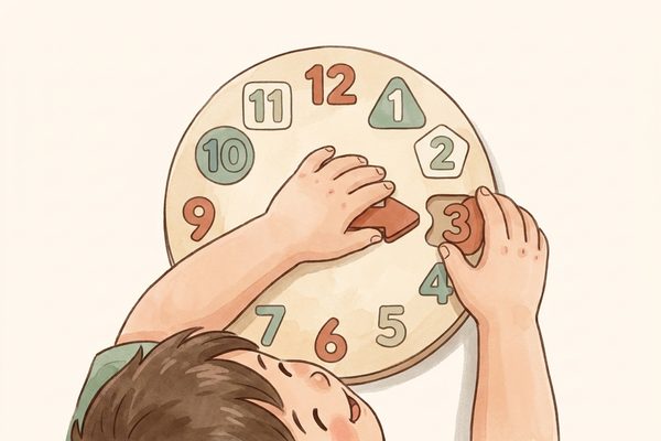 Watercolor illustration of a child matching a wooden numeral three to a matching outline