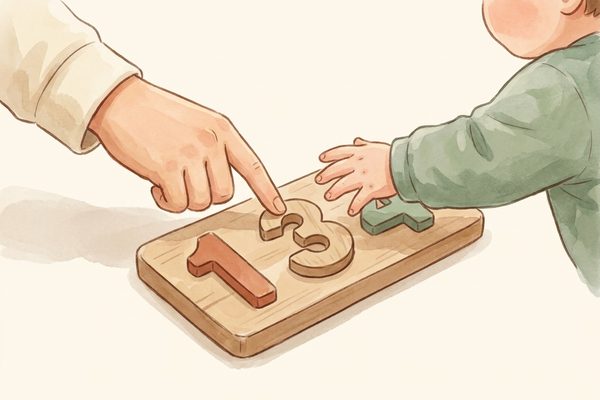 Watercolor illustration of a parent gently naming a number while pointing during play