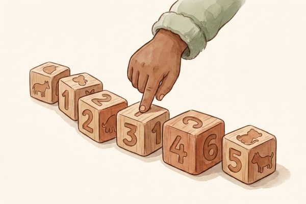 Watercolor illustration of a child placing three small objects beside the numeral three