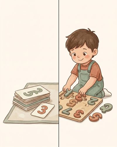 Watercolor illustration contrasting dull flashcards with a preschooler joyfully manipulating wooden number puzzle pieces