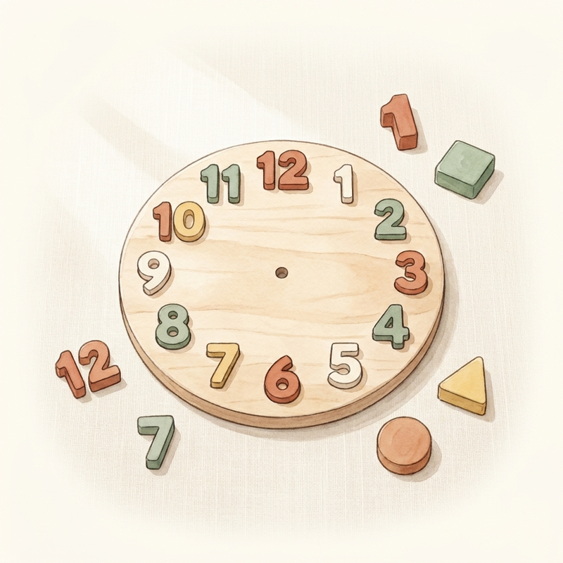 Watercolor illustration of The Number Lab wooden puzzle with twelve colored numbered shapes