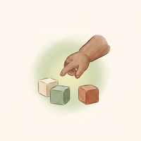 Watercolor illustration of an 18-month-old toddler recognizing a small group of objects