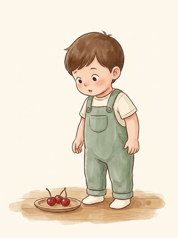 Watercolor illustration of a toddler at 18 months subitizing one, two, or three objects