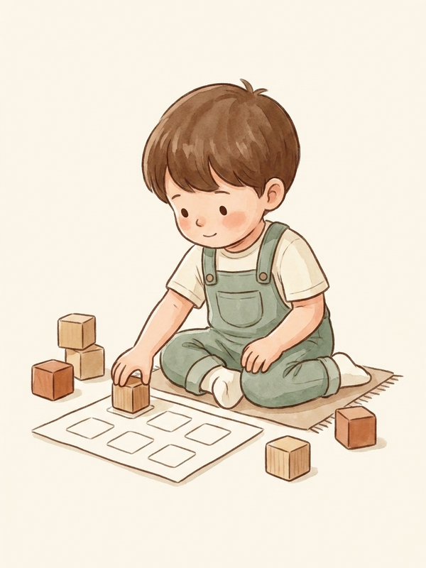 Watercolor illustration of a three-year-old touching each object once while counting