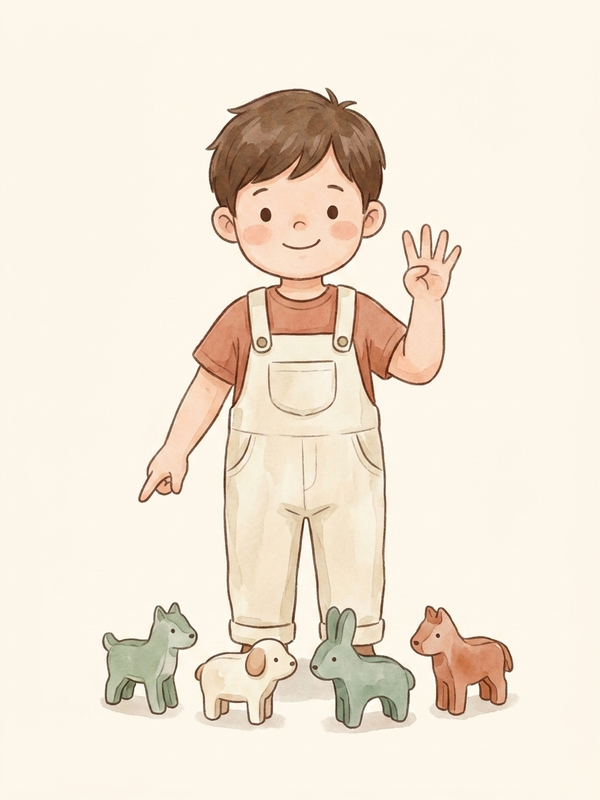 Watercolor illustration of a four-year-old understanding that the last number counted is the total