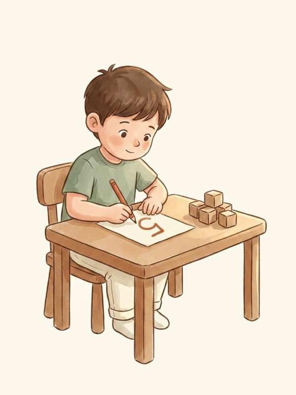 Watercolor illustration of a five-year-old linking the written numeral five to a group of five objects