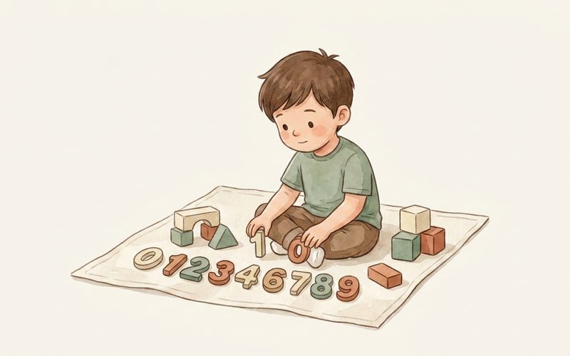 Watercolor illustration of a preschooler exploring numbered objects during play