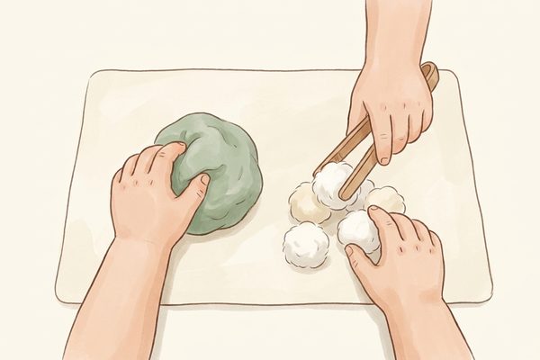Watercolor illustration of a child building hand strength with playdough and tongs