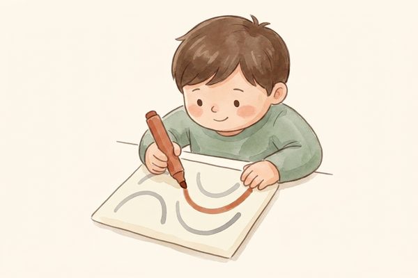 Watercolor illustration of a child tracing wide lines with a chunky tool