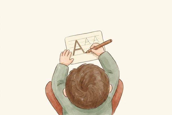 Watercolor illustration of a child moving from strokes to letter shapes