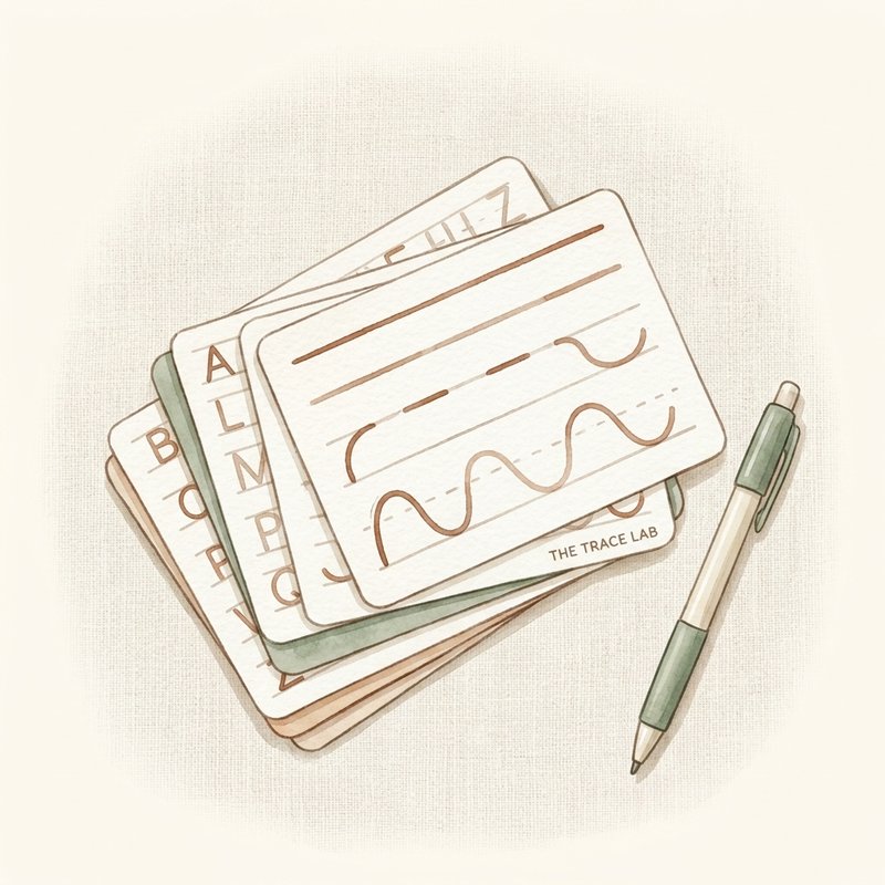 Watercolor illustration of The Trace Lab dry-erase pencil control card system