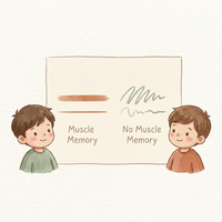 Watercolor illustration of repeated pencil practice building muscle memory