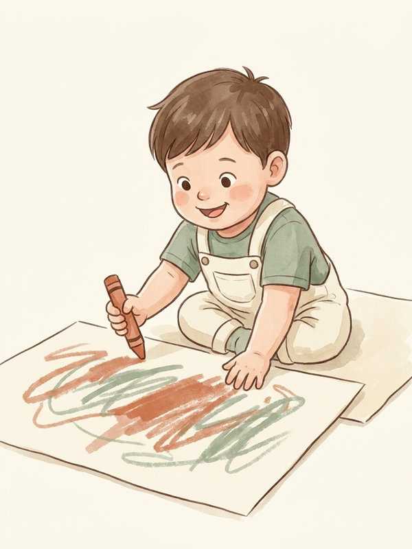 Watercolor illustration of a toddler holding a crayon with the whole fist