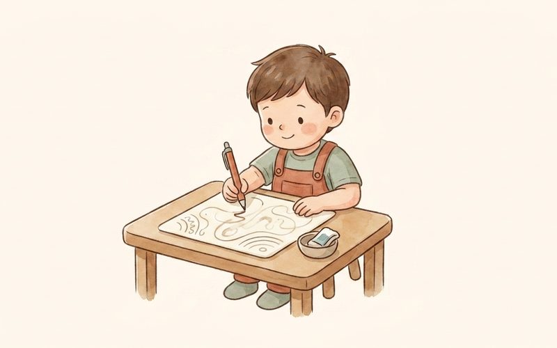 Watercolor illustration of a child using a reusable dry-erase pencil control card