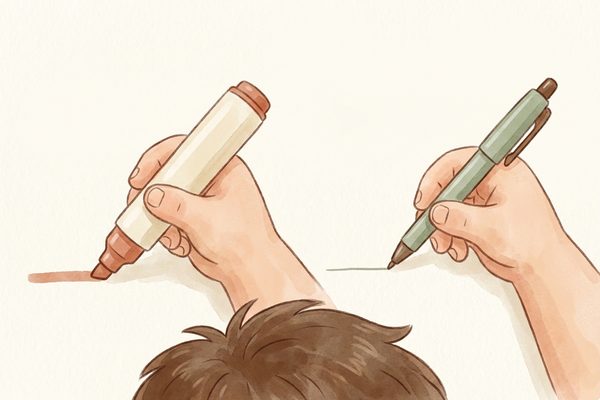 Watercolor illustration of a child switching to a skinnier writing tool