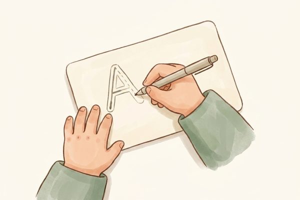 Watercolor illustration of a child forming a letter shape with refined grip