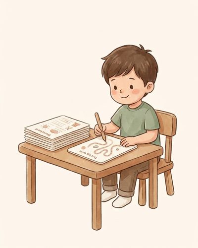Watercolor illustration placeholder for myth 1: a pile of printable handwriting worksheets