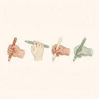 Watercolor illustration representing the four stages of pencil grasp development