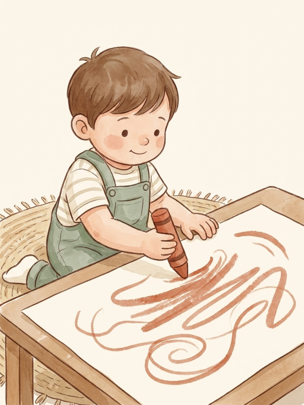 Watercolor illustration of a toddler holding a crayon with the whole fist