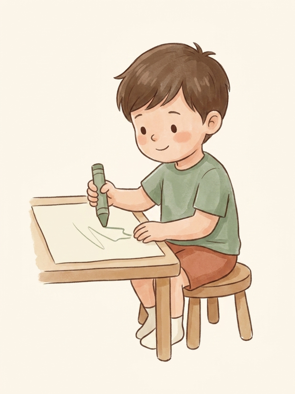 Watercolor illustration of a child holding a pencil with fingers on top