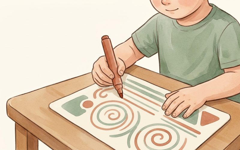 Watercolor illustration of a preschooler tracing pre-writing strokes on a reusable card