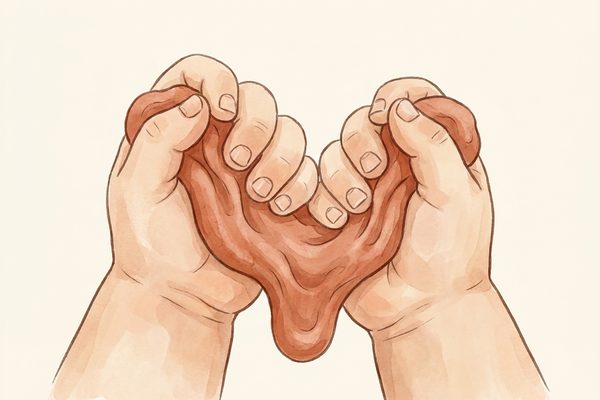Watercolor illustration of a child building hand strength with playdough and tongs