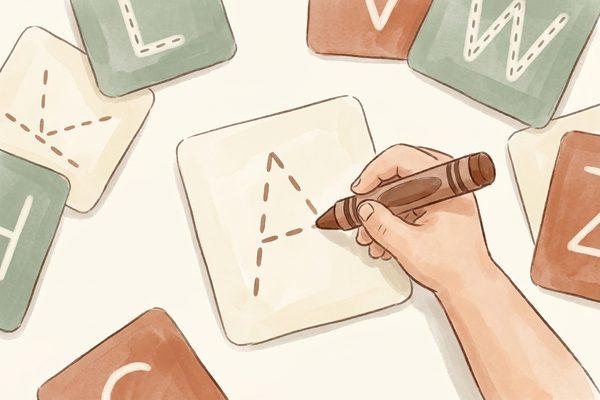 Watercolor illustration of a child stacking known strokes into the shape of a letter