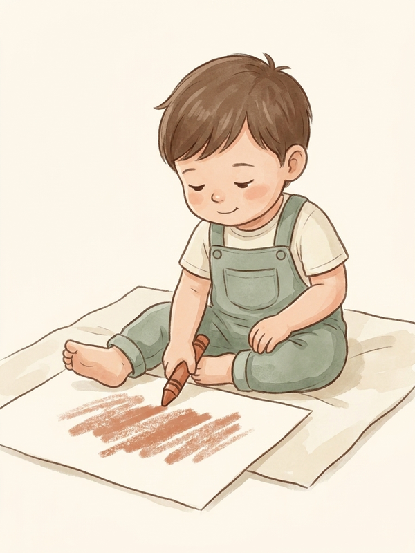 Watercolor illustration of a toddler holding a crayon with the whole fist in palmar grasp
