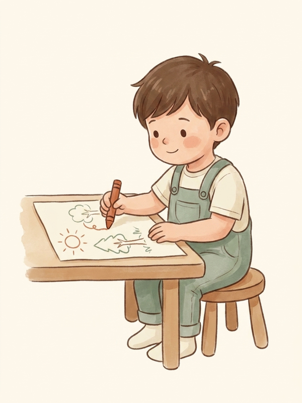 Watercolor illustration of a child holding a pencil with fingers on top in digital pronate grip