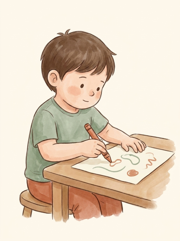 Watercolor illustration of a child using a three-finger static tripod grip with no finger movement