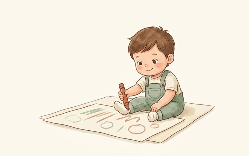 Watercolor illustration of a child drawing simple pre-writing strokes on paper